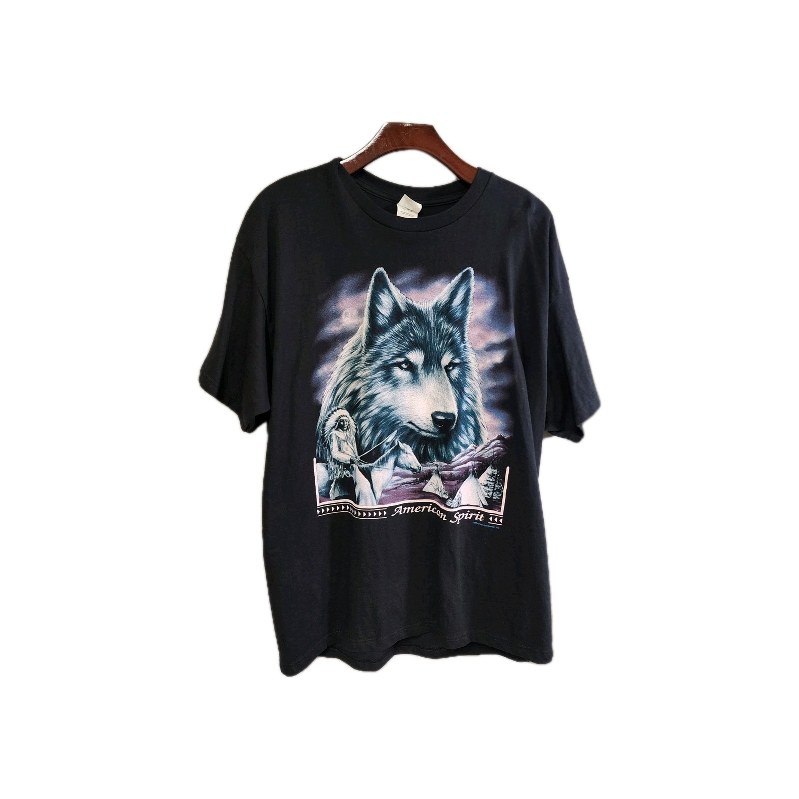 Men Vtg Delta Pro W American Spirit Wolf Black Short Sleeve Graphic Tee Size XL