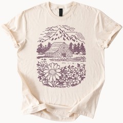 Rustic Barn Mountain Landscape Graphic Tee Woodcut Style Nature Art