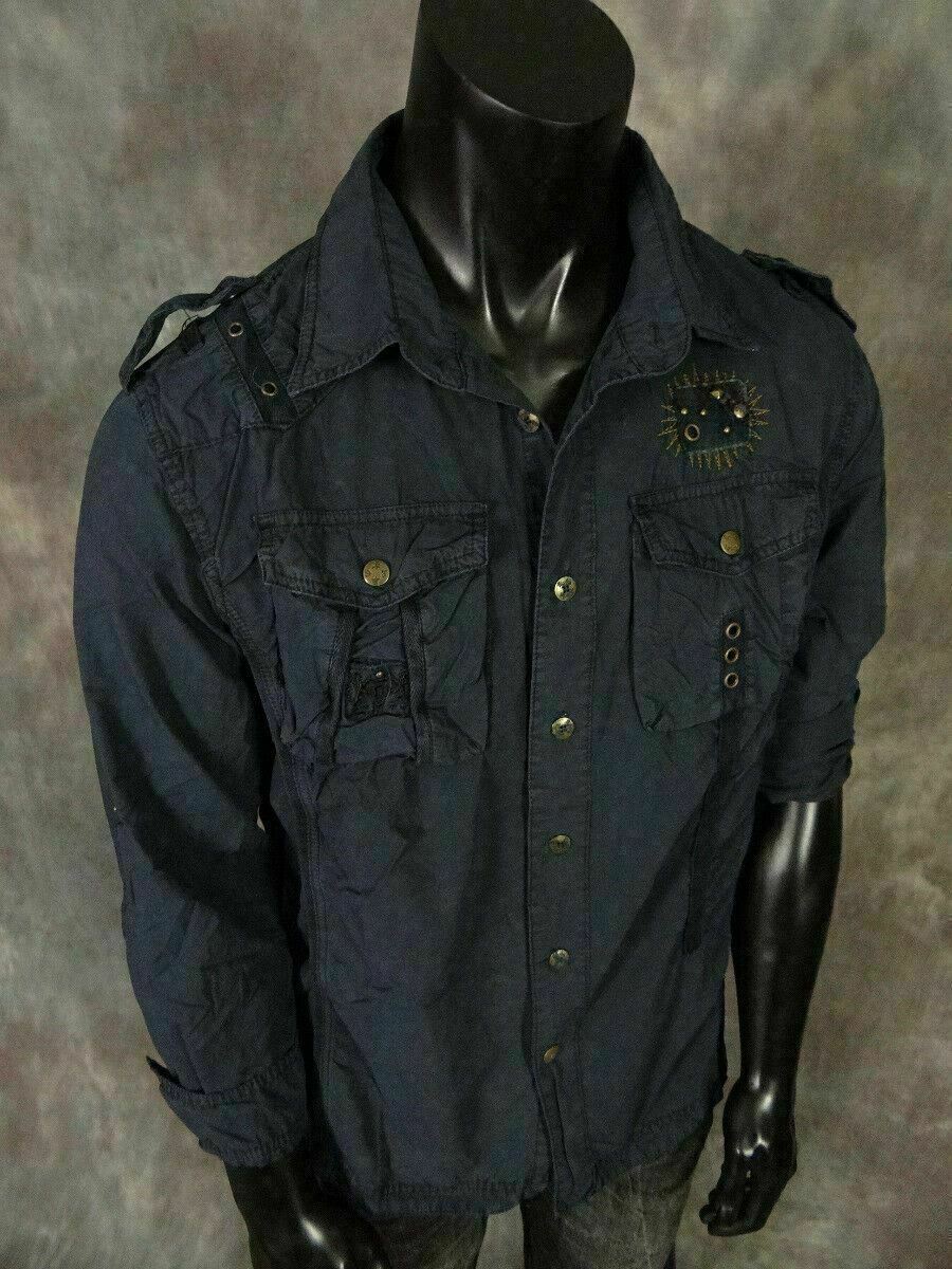 Mens Safari Button Shirt Pleated Pockets Studded Accents with Pin-Up Sleeves gallery