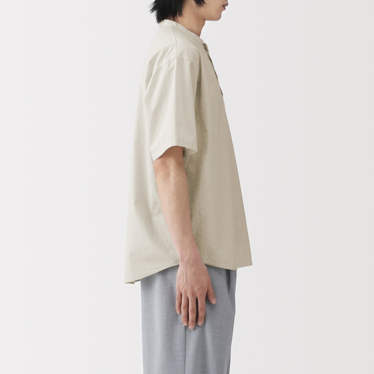MUJI Mens 100% Organic Cotton Cool Touch Henley Neck T Shirt Gray Check FedEx gallery