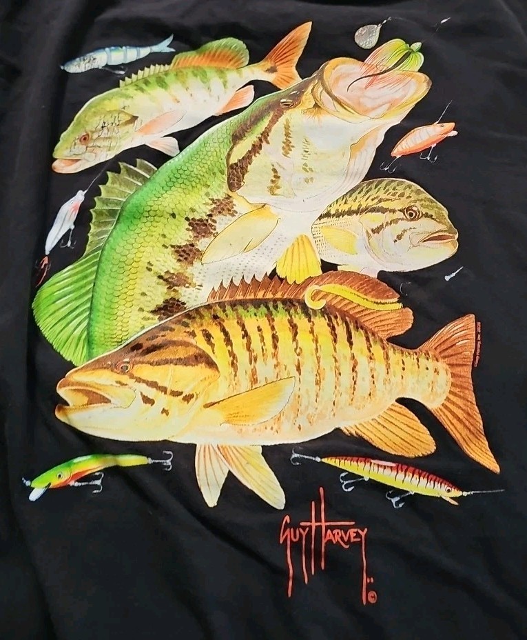 Guy Harvey MENS XXL Graphic T Shirt Black Largemouth Bass Peacock Baits Aftco gallery