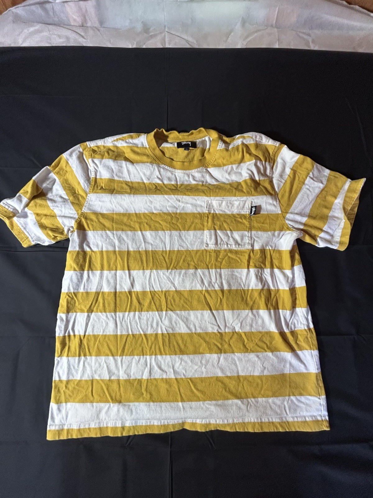 Stussy Yellow White Striped Pocket Logo Cotton Knit T-Shirt Men's XL gallery