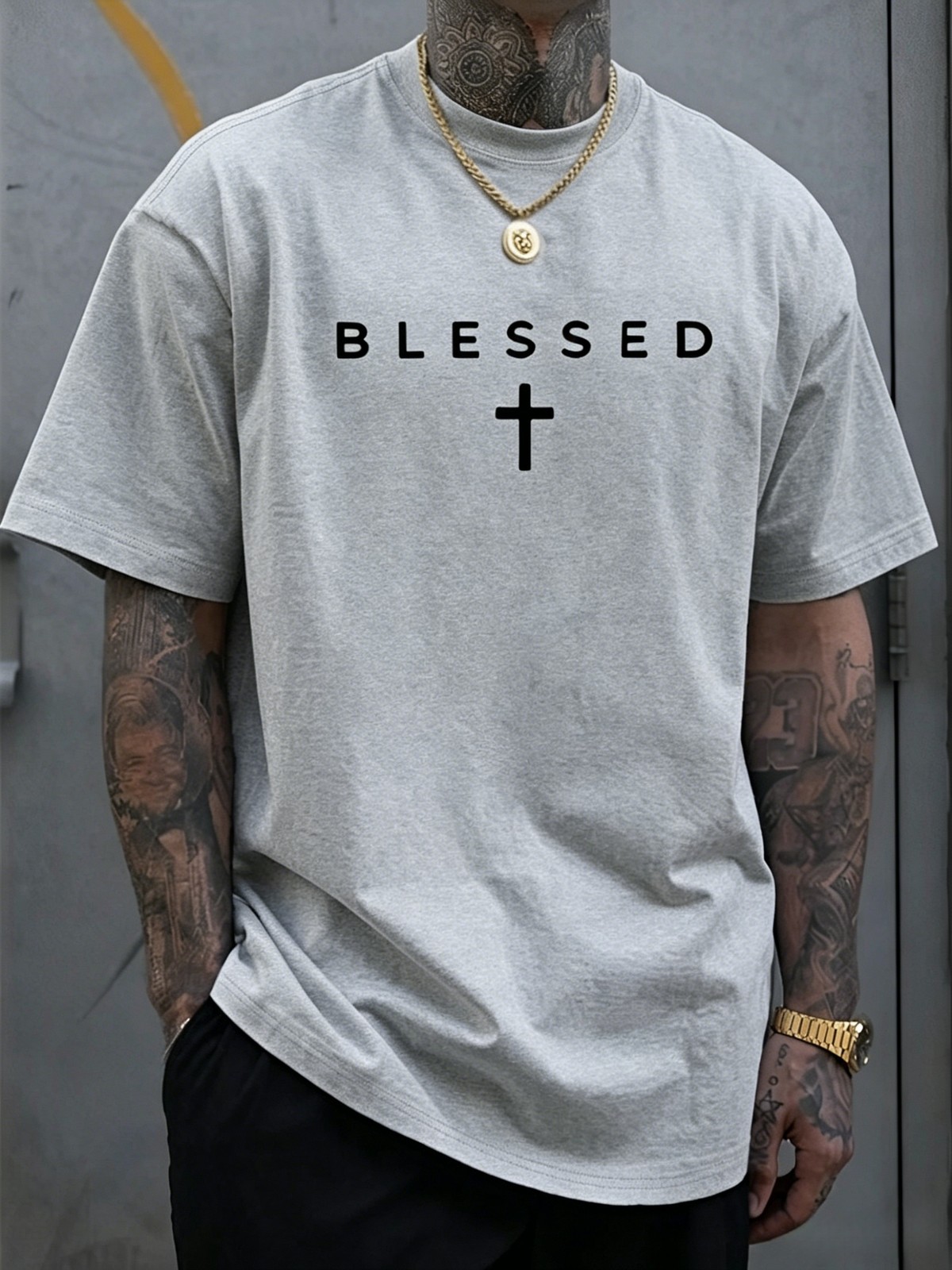 Men'S "Blessed" Cross Print T-Shirt - Casual Crew Neck, Short Sleeve, Lightweigh gallery