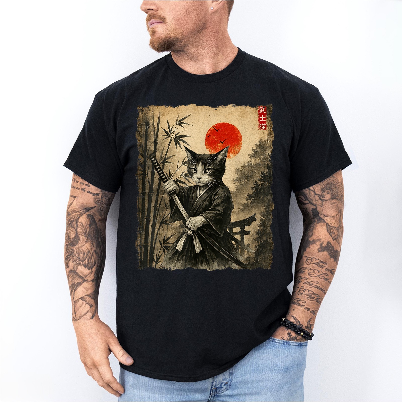 Cat Japanese Art Men Boys Funny Graphic Tee Anime T-Shirt