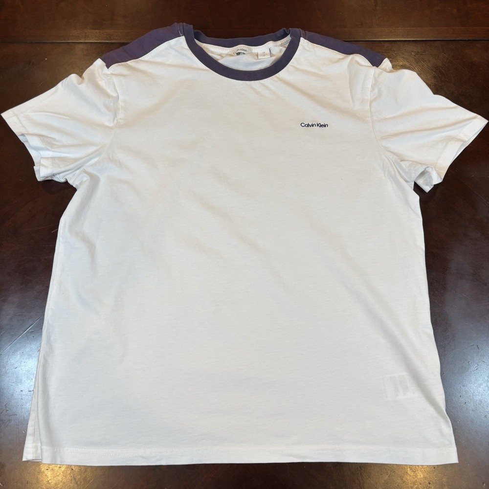 Calvin Klein Mens Large White Ringer T-Shirt Purple Trim Shoulder Stripe Logo L