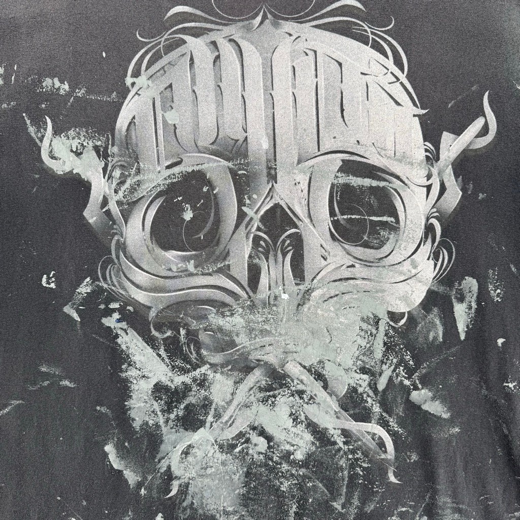 Sullen Skull Tattoo Art Black T-Shirt Thrashed Paint Splatter Faded Grunge Punk gallery