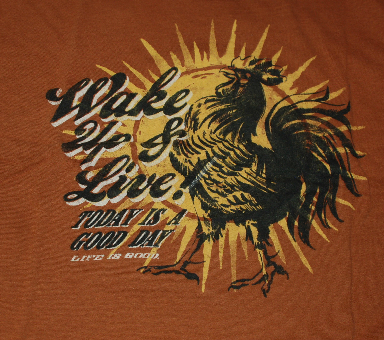 M NWT Men's Life is Good Wake Up & Live Rooster Orange Semi-fitted LS Creamy Tee gallery