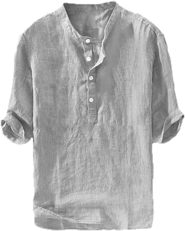 Men's Casual Linen Cotton 3/4 Sleeve Henley T-Shirt - Lightweight Summer Top gallery