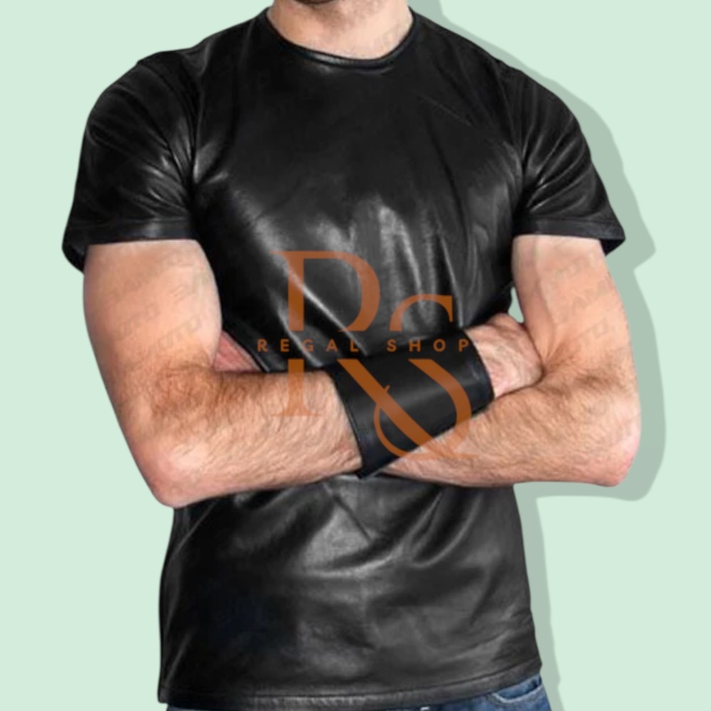 Men’s Causal Black Leather Soft T-Shirt In Genuine Soft Lambskin Leather Shirt