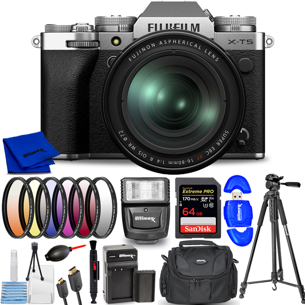 FUJIFILM X-T5 Mirrorless Camera with 16-80mm Lens Silver – 14PC Accessory Bundle