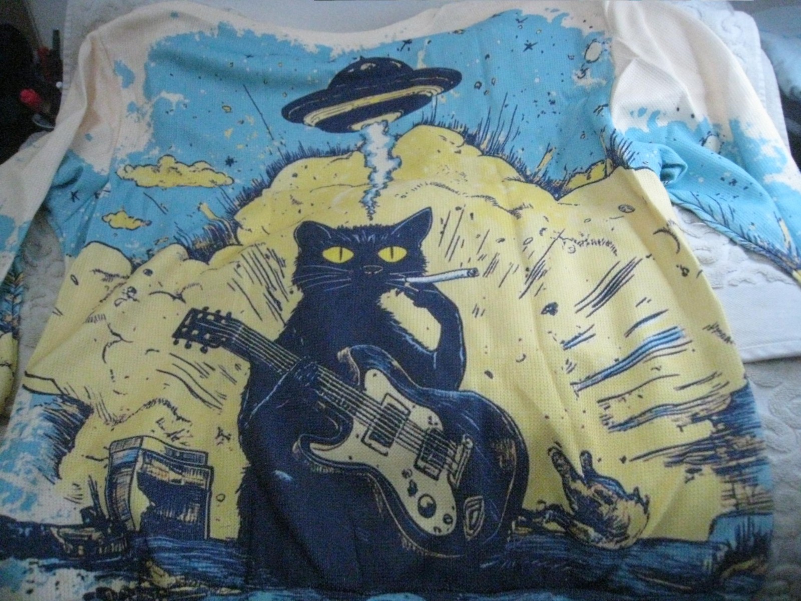 Cat playing guitar smoking UFO long sleeve pullover crew neck shirt MENS XL poly gallery