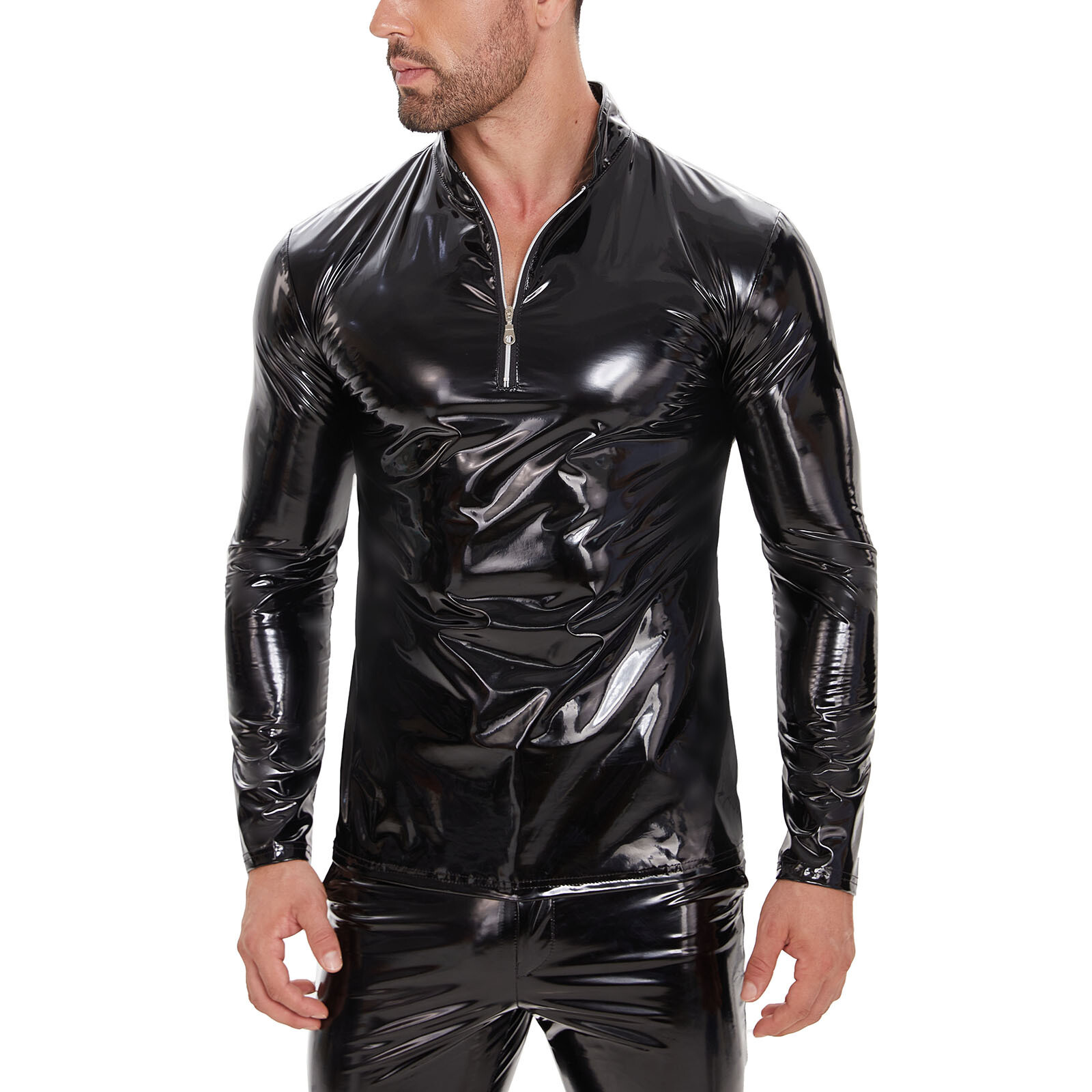 Men's Long Sleeve Slim T-shirts Zipper Wetlook PVC Leather Blouse Nightclub Tops gallery