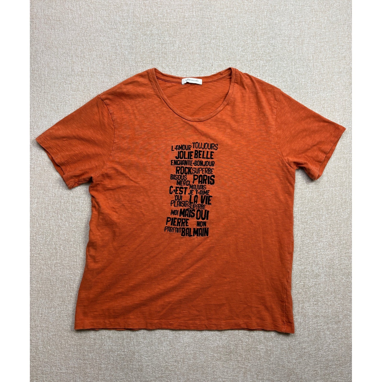 Pierre Balmain Mens Burnt Orange Paris Graphic Cotton T-Shirt Size Large 52 gallery