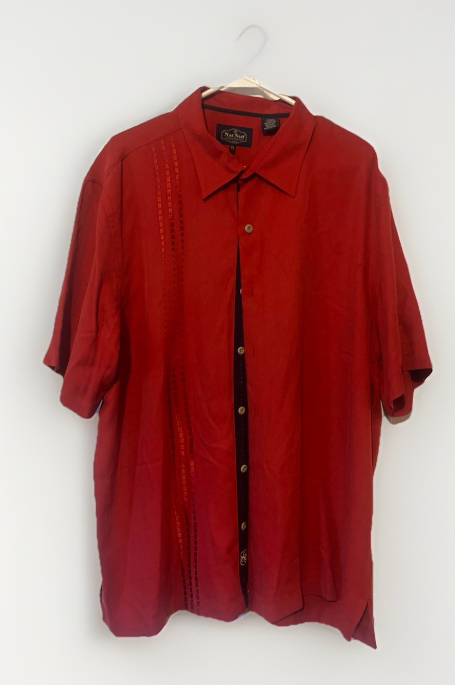 Nat Nast Silk Shirt Mens XL Red Cuban Guayabera Bowling Camp Retro Lounge Button