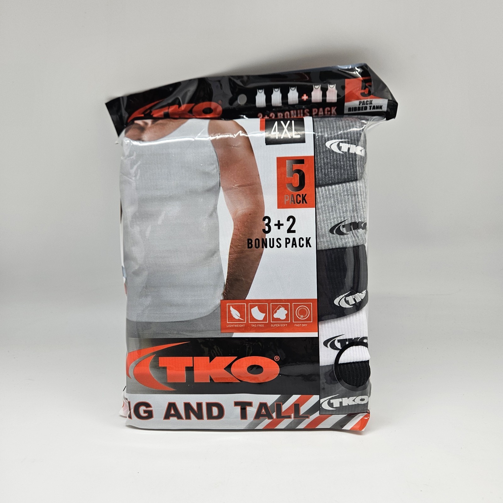 TKO 5 Pack Men’s Big & Tall Fast Dry Light Ribbed Tank A Shirts White Black Gray