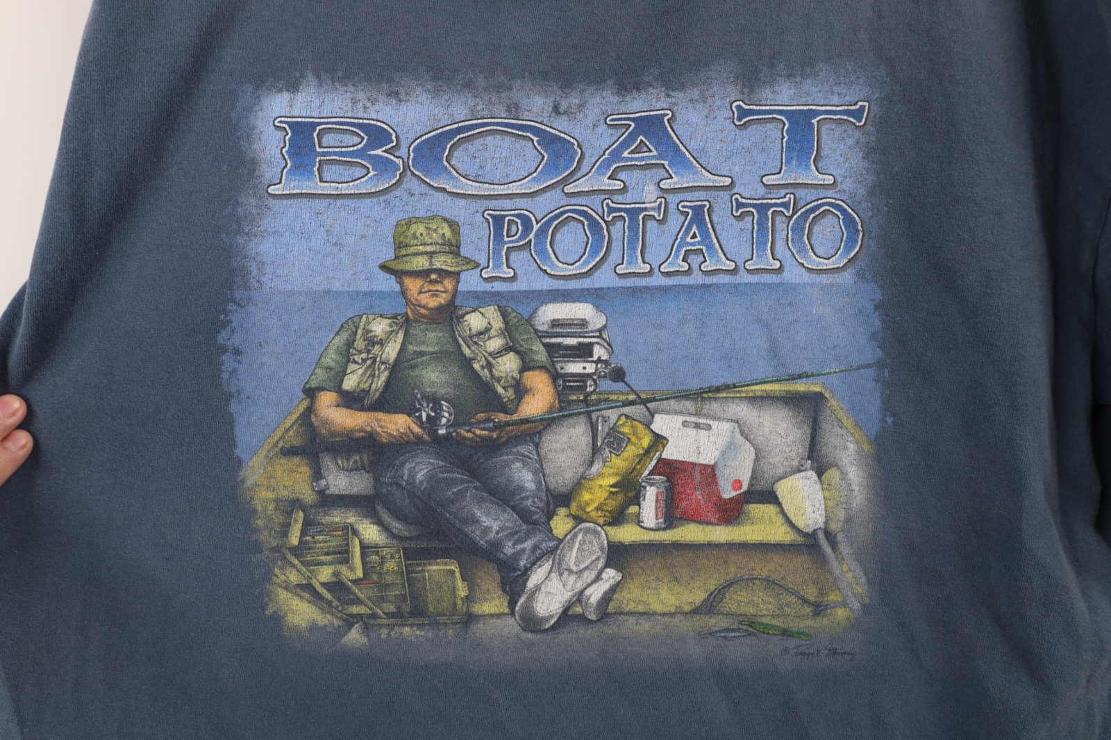Vintage 90s Y2K Mens XL Distressed Boat Potato Fishing Fisherman T-Shirt Blue gallery