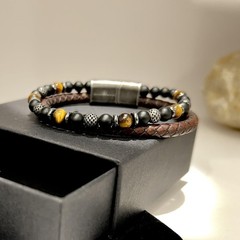 Men’s Leather Bracelet Stack with Textured Stainless Steel Beads, Hematite, B…