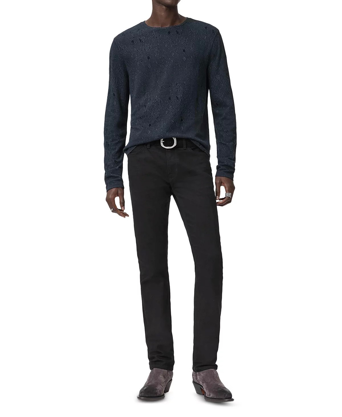 John Varvatos Collection Men's Vera Distressed Jacquard Textured Crew Tee Navy gallery