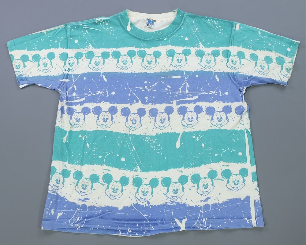 Rare VTG DISNEY Mickey Mouse Splatter Stripe All Over Print T Shirt 90s AOP OSFA