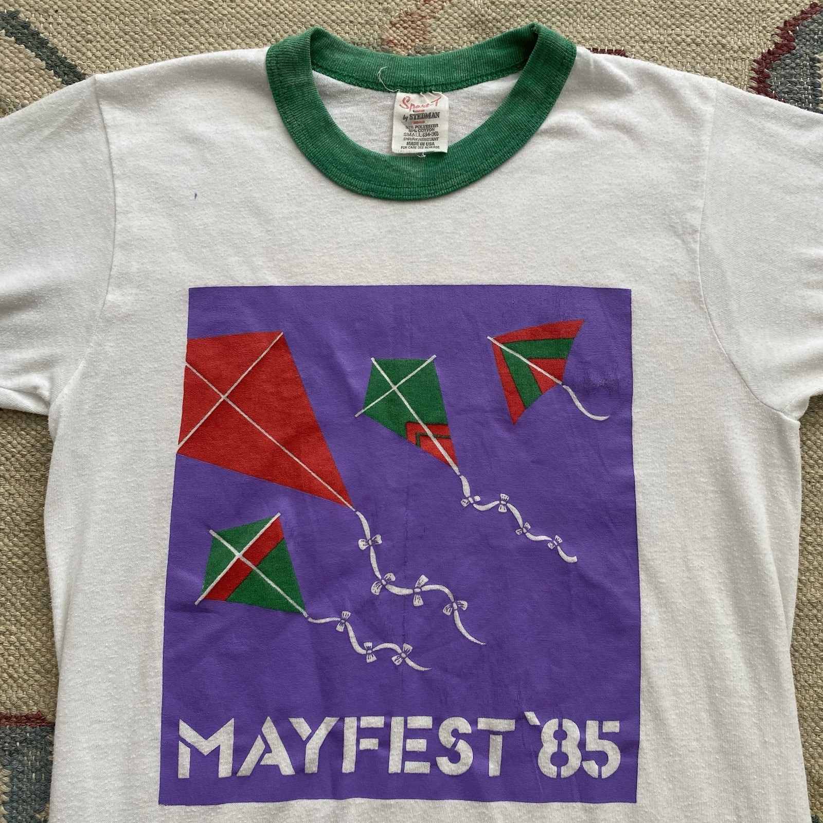 Vintage 80s Ringer T Shirt Small Mayfest 1985 White Green Stedman Kite gallery