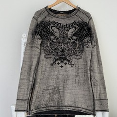 Affliction Reversible Thermal Shirt Mens Large Waffle Knit long Sleeve Y2K Wings
