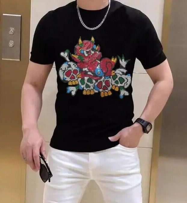 New Men Luxury Rhinestones Gothic Fashion Skull Black WhiteT-Shirt High Quality gallery