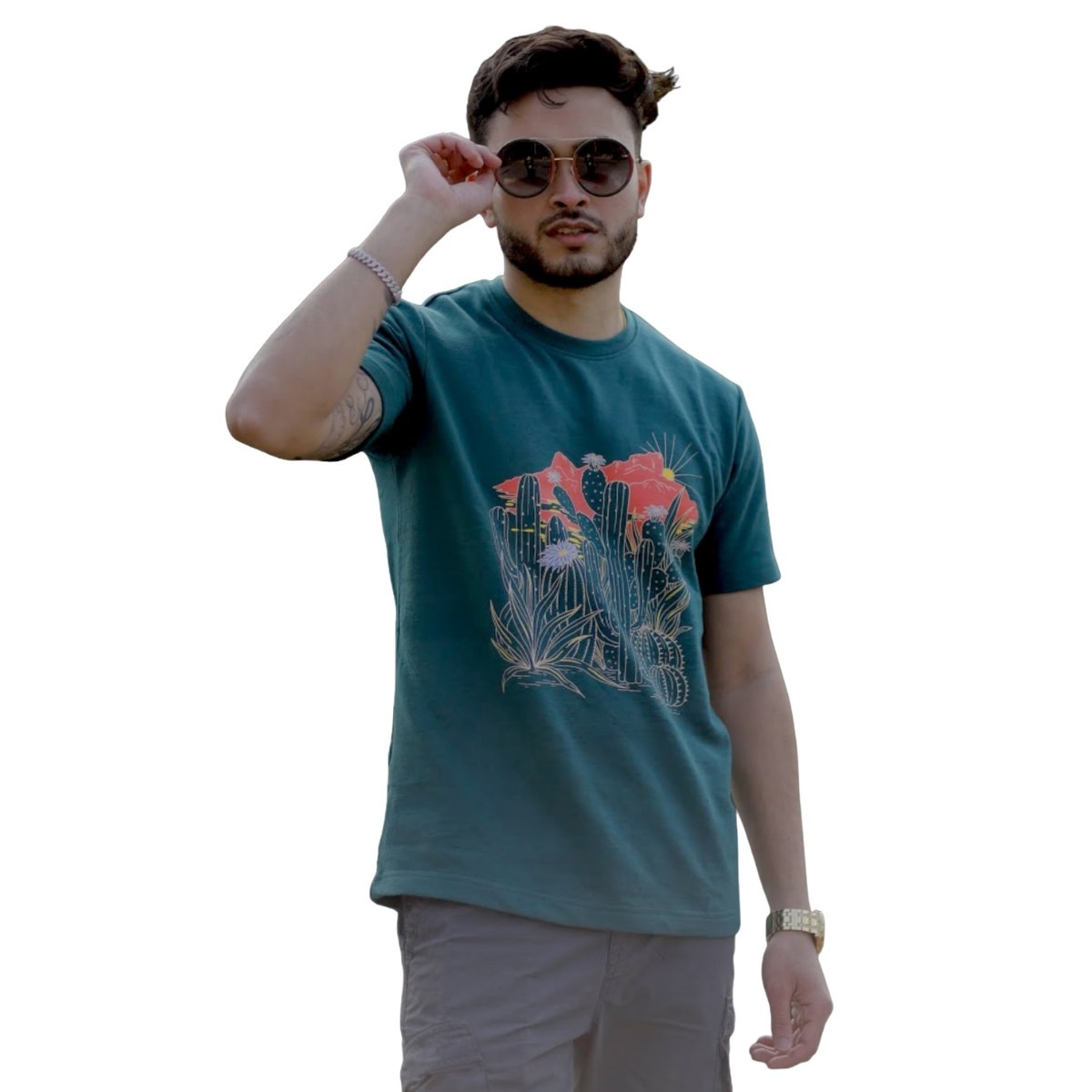 Men's Deep Teal Cotton Summer T-Shirt – Floral Cactus Graphic Print gallery