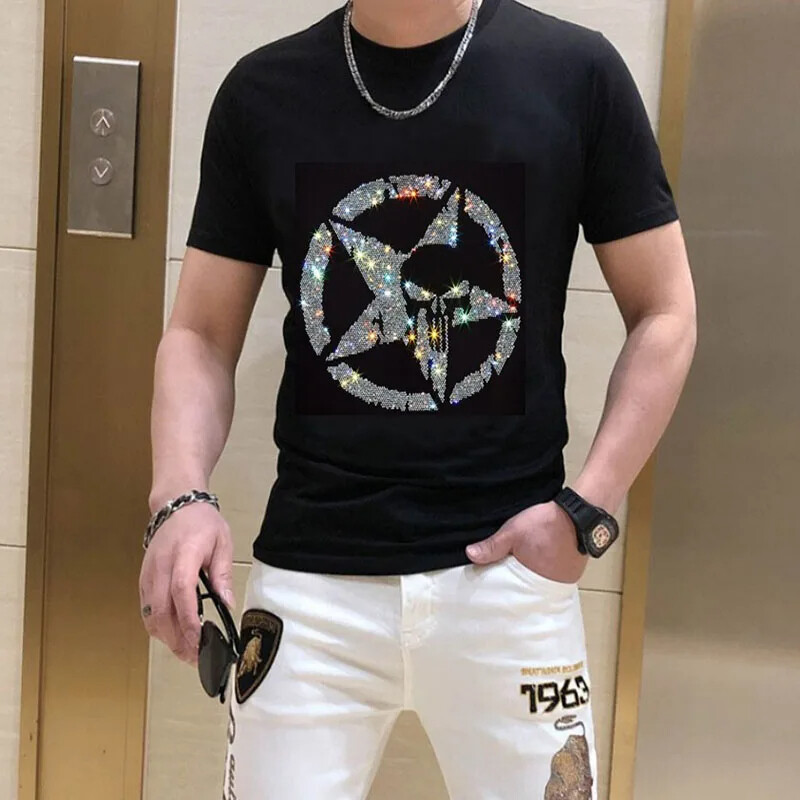 New Men Luxury Diamond Star Rhinestones Fashion Skull Black T-Shirt High Quality gallery