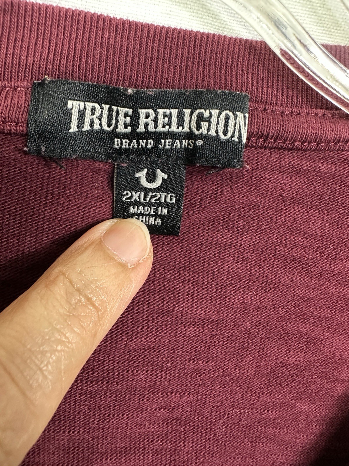 True Religion Mens 2XL Henley Shirt Burgundy Slub Knit Horseshoe Logo Maroon XXL gallery