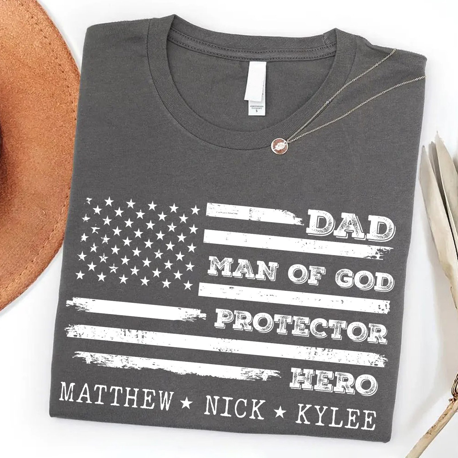 Personalized Dad Man of God Shirt Kids Name Protector Hero USA Flag Fathers Gift gallery