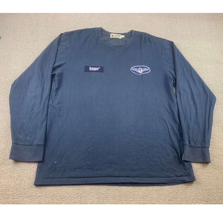 A Bathing Ape Long Sleeve T Shirt Men XL Navy Chest Logo Patch Tag Streetwear gallery