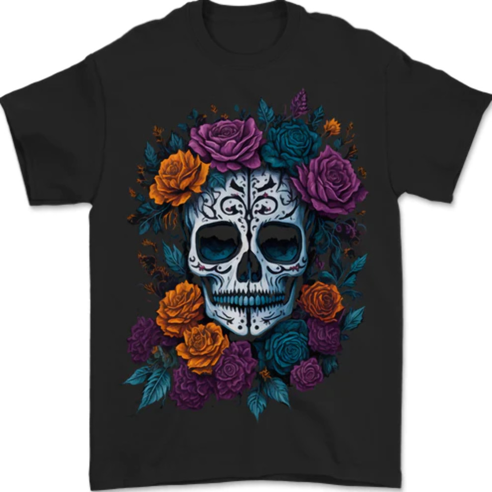 A Sugar Skull With Roses Day of the Dead DOTD Mens T-Shirt 100% Cotton gallery
