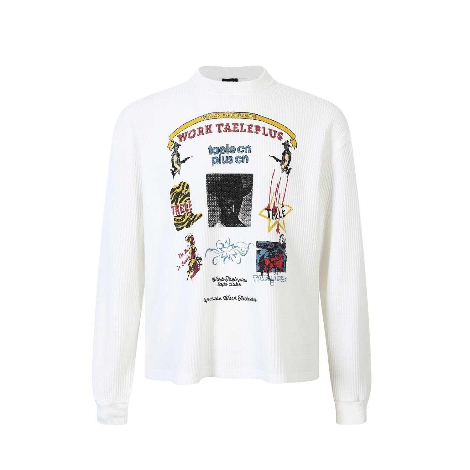 Men’s Work Taeleplus Waffle Knit Long Sleeve Tee Streetwear Y2K Graphic White