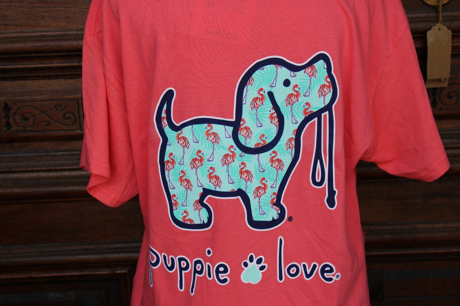 Puppie Love Flamingo Filled Dog Print Short Sleeve T-Shirt - Pink, NEW gallery