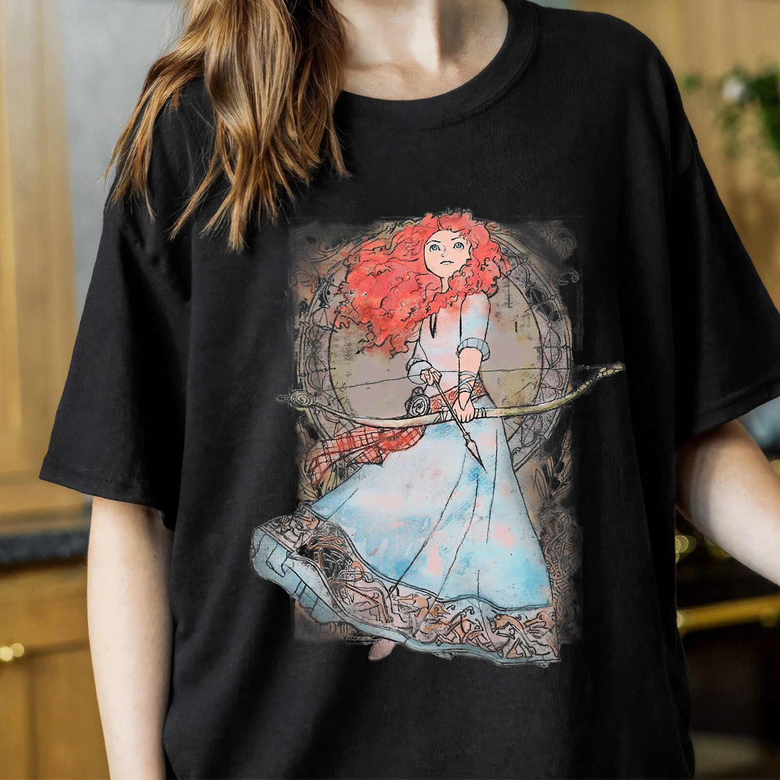 Disney Brave Merida Watercolor Nouveau Graphic Unisex  T-Shirt – Black