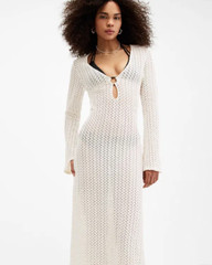 All Saints Womens Karma Crochet Maxi Dress Designer Chalk Slim Fit Long Sleeve