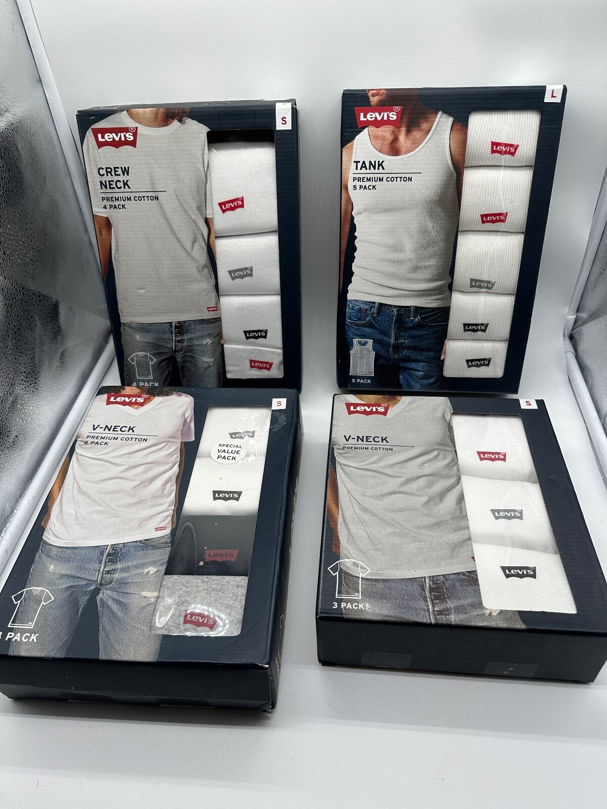 NEW 3/4/5 PACK LEVI'S MENS V-NECK / CREW NECK & TANK WHITE PREMIUM COTTON S /L gallery