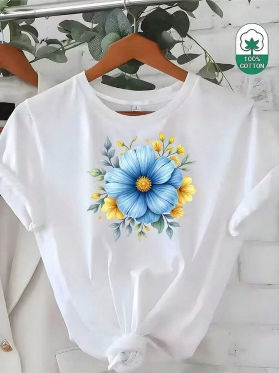Women's T-Shirt Graphic Printed With Blue Flower With Yellow Blossoms And Leaves gallery