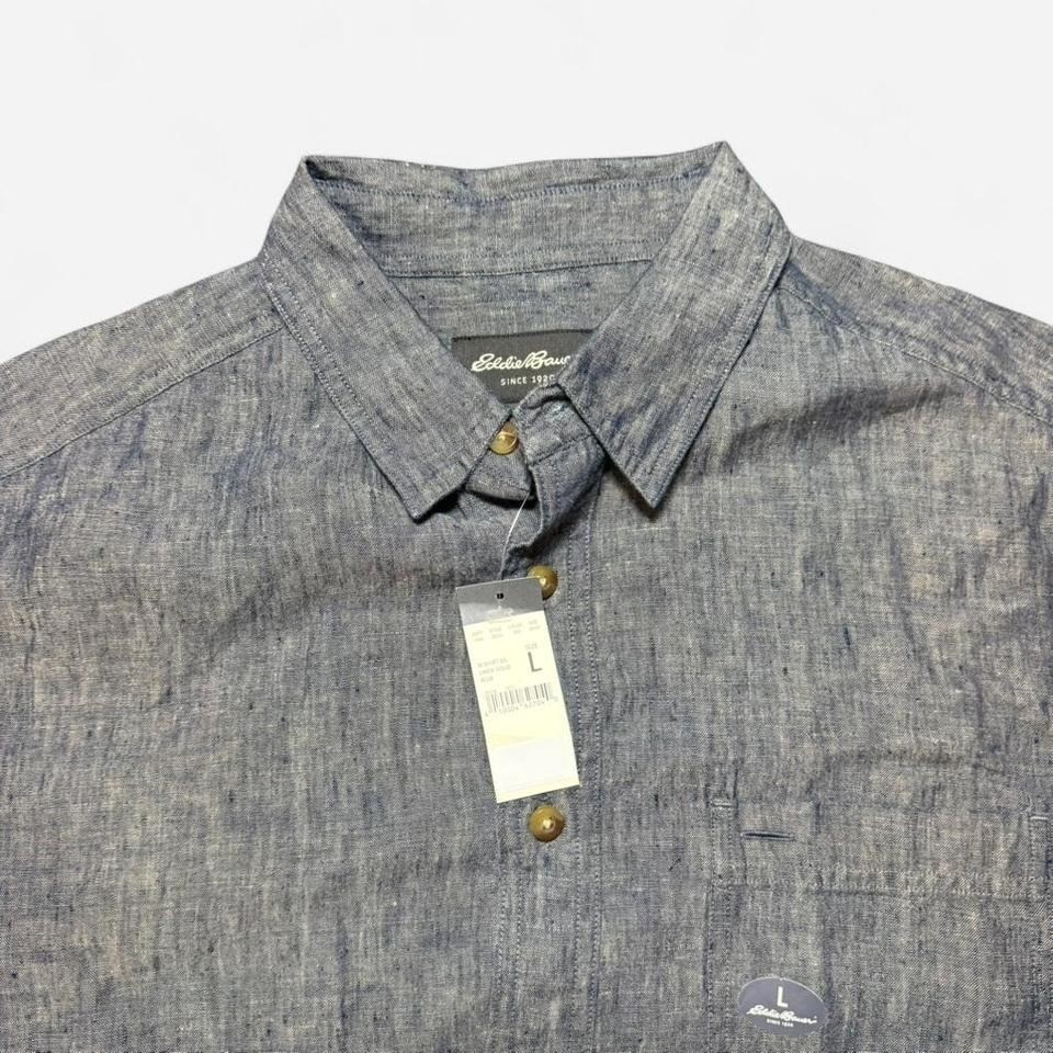 NWT Eddie Bauer 100% Linen Solid Blue/Gray Short Sleeve Button Up Size L gallery