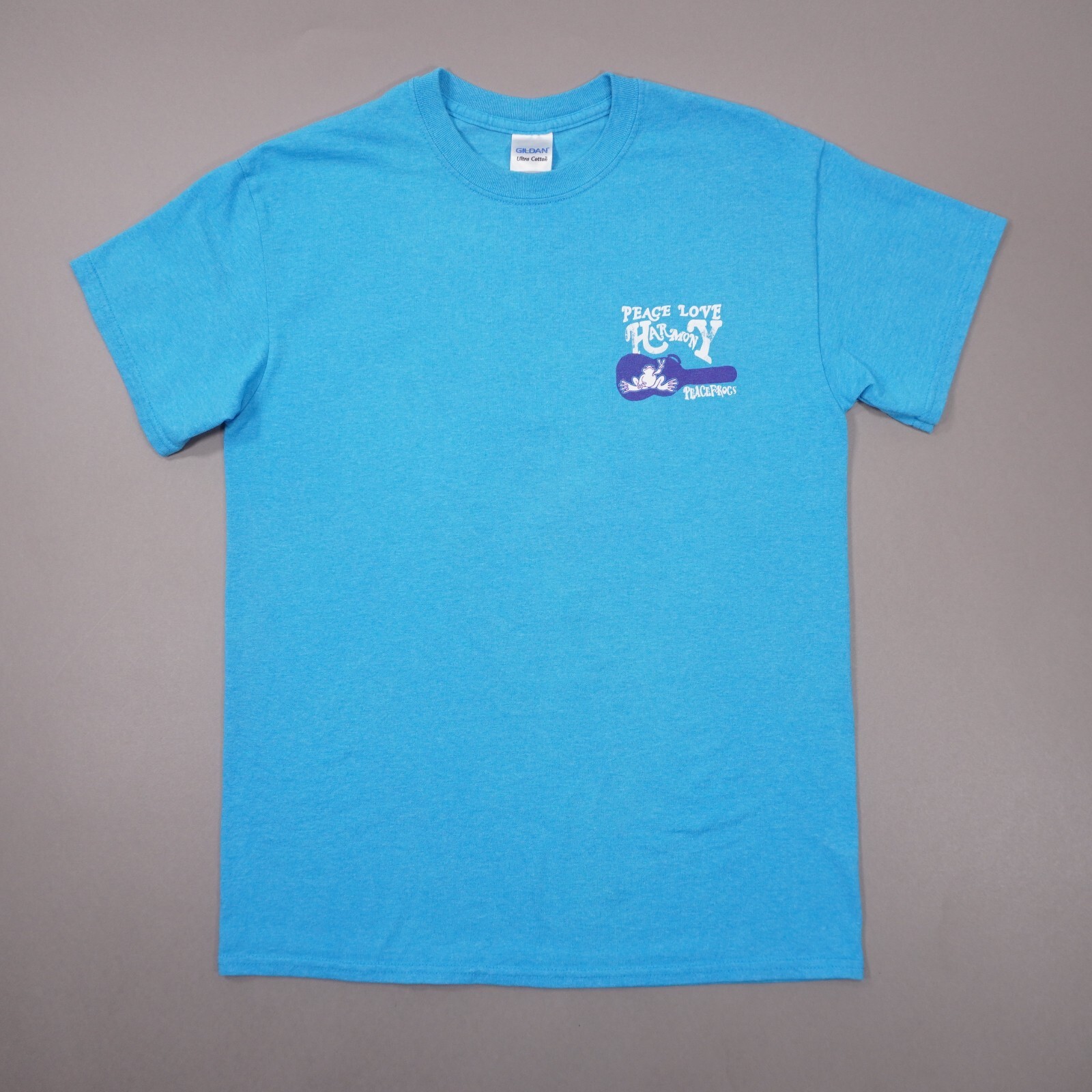 Peace Frogs Peace Love Harmony Guitar T Shirt Mens Medium Blue 50/50 Short Slv