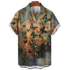 Mens Button Down Abstract Butterfly Colorful Hawaiian Top Novelty Summer Shirt