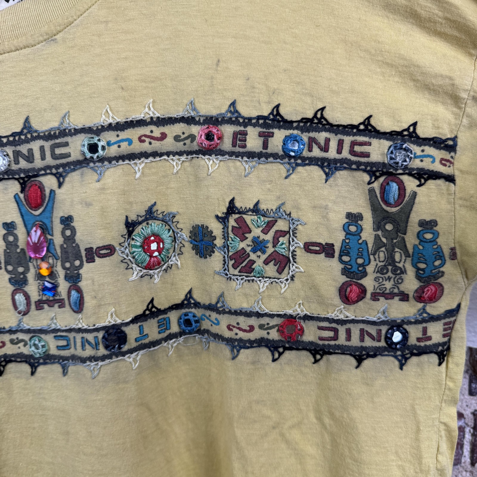Vintage 2 Of Us Shirt Size Medium Yellow Ethnic Beaded Embroidered Boho 90s gallery