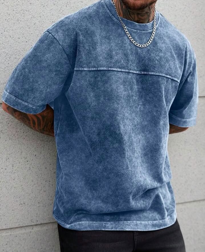 Men’s Acid Wash Blue T-Shirt Oversized Crew Neck Casual Streetwear Tee gallery