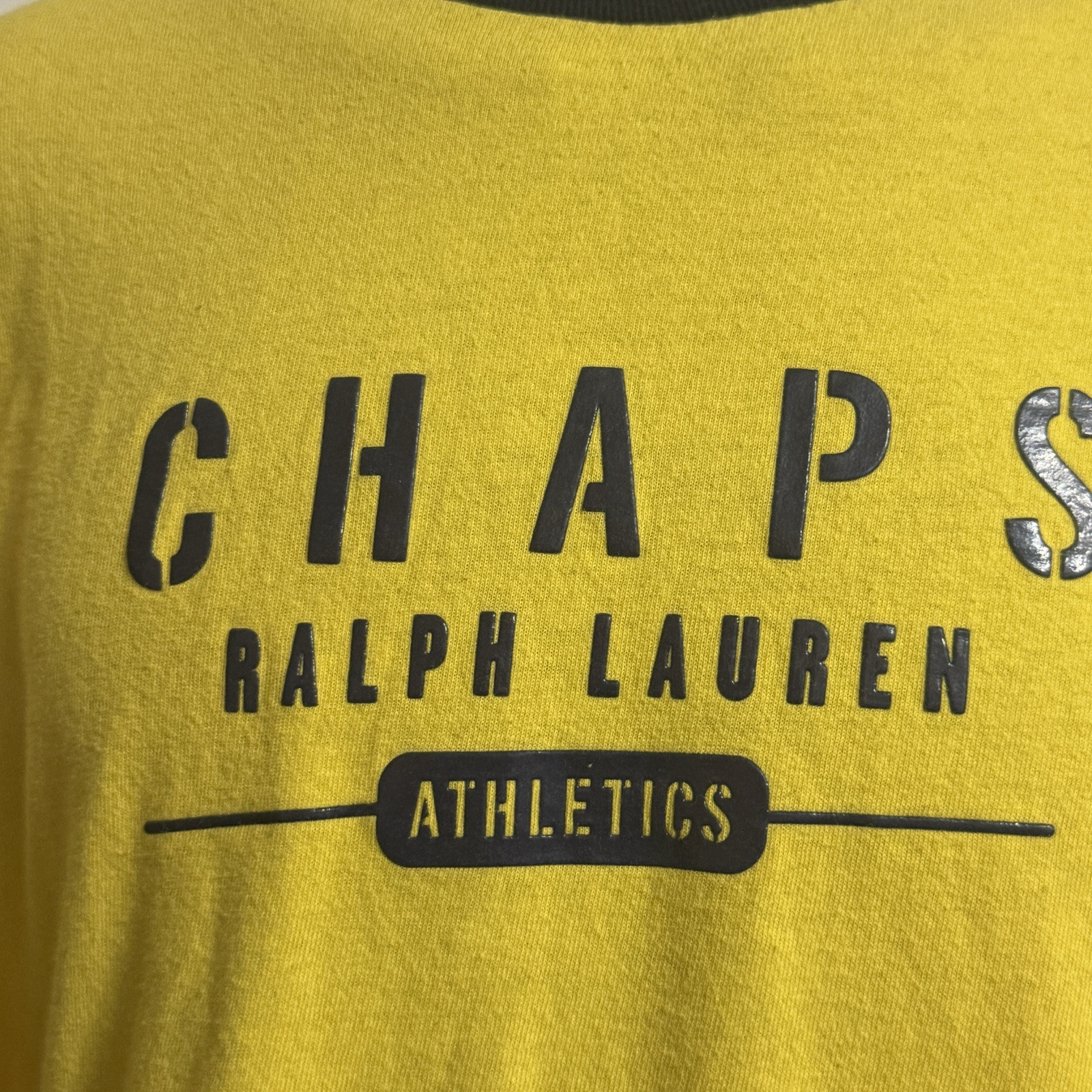Vintage Chaps Ralph Lauren Spellout L Yellow Blue Ringer Tee Long Sleeve USA gallery