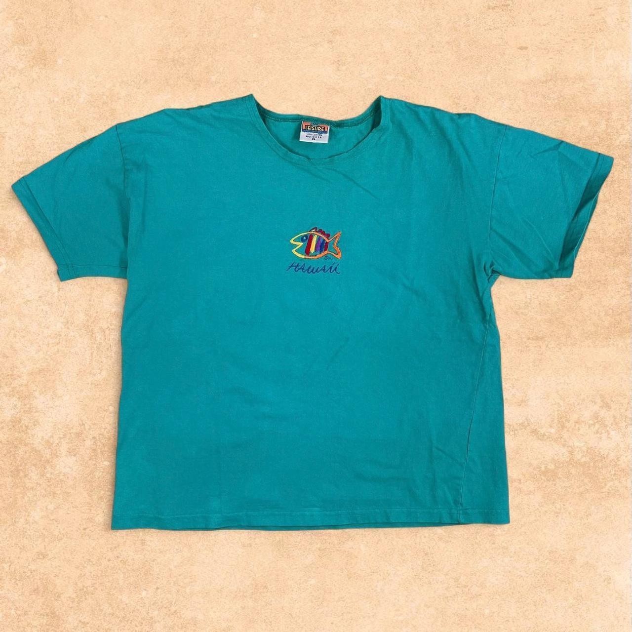 Vintage 90s Hawaii Embroidered T-Shirt Teal Fish Graphic Beach Made in USA XL gallery