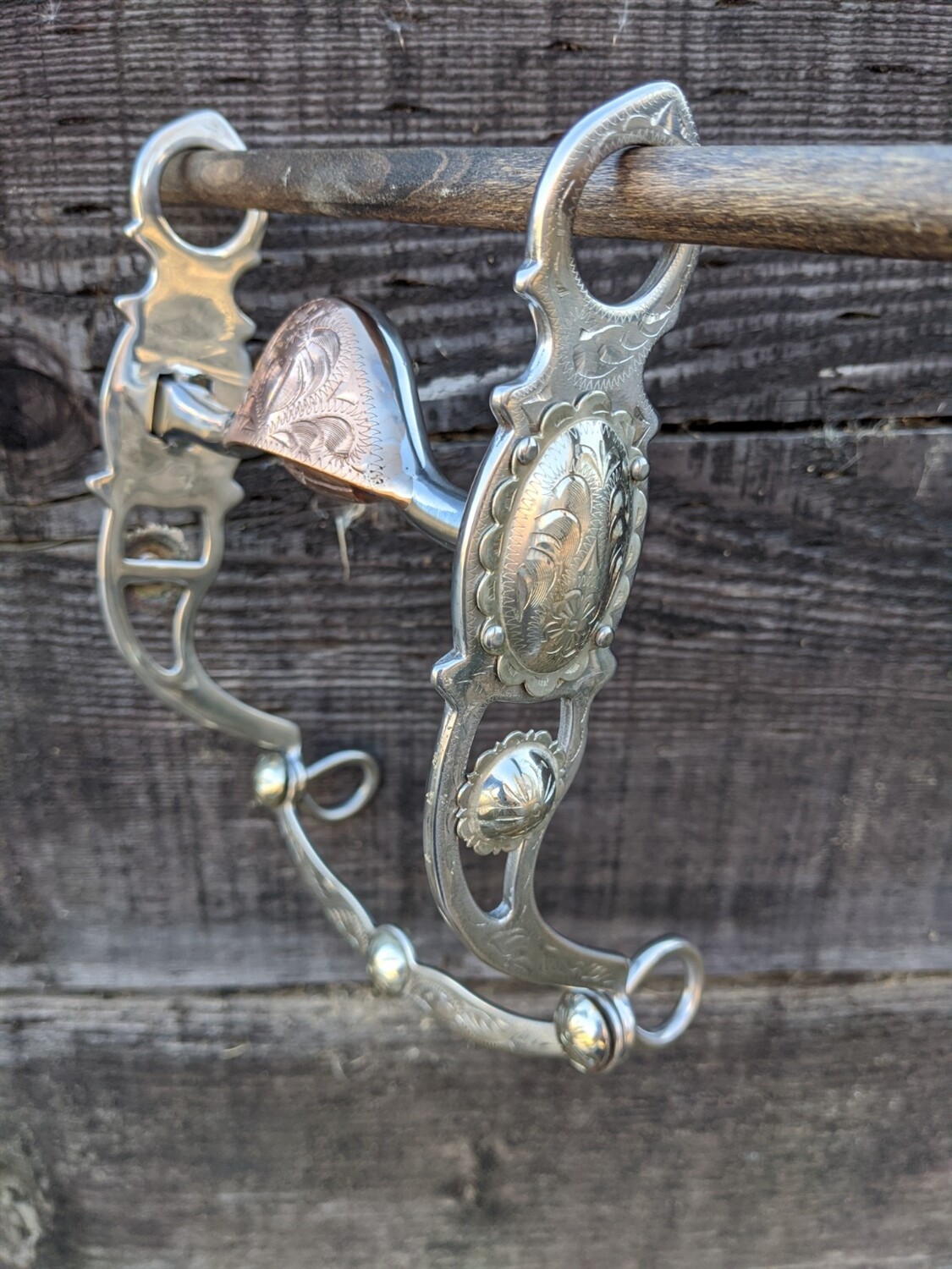 Western Silver Show Bit – Oval Concho – Copper Hood & Roller – 5 Inch Mouth