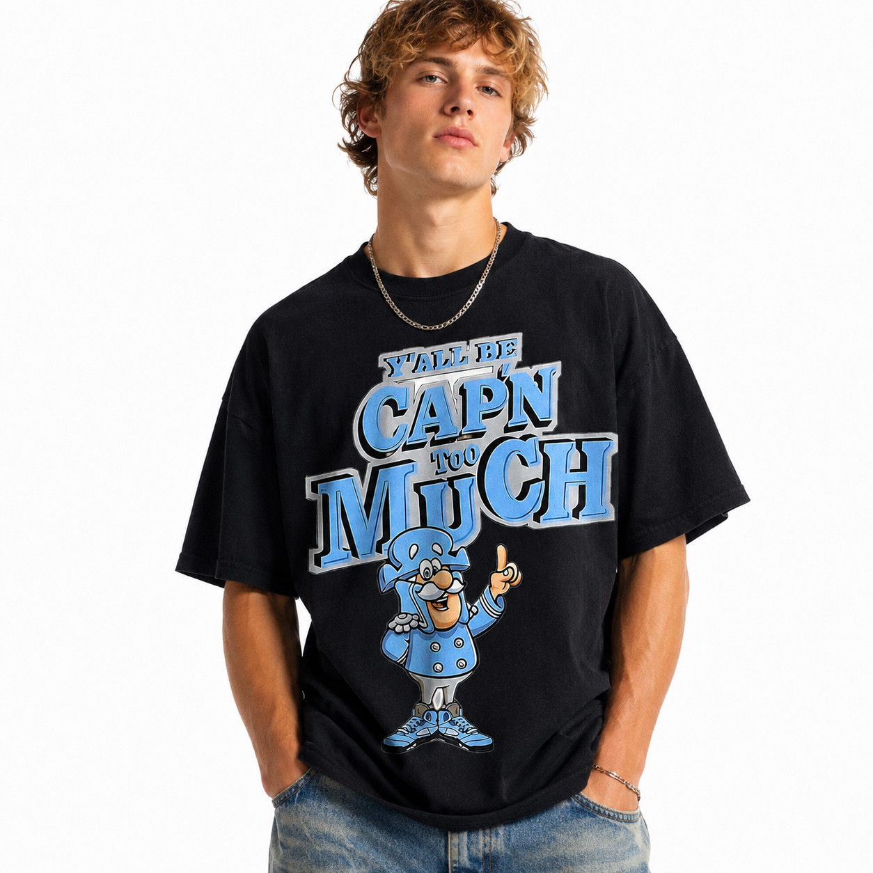 Yall Be Cap'n Too Much Funny Meme Graphic T-Shirt Cartoon Captain Humor Tee gallery
