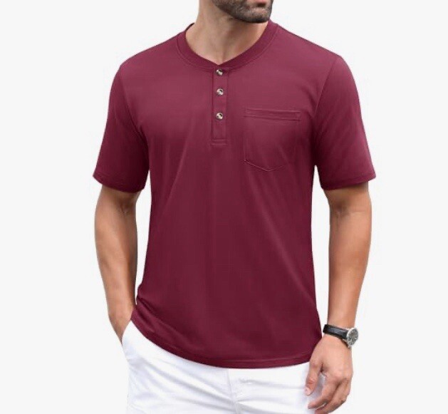 MAGCOMSEN Men's Henley Shirts Short Sleeve Pocket Tee Shirts Wine Red Size 2XL gallery