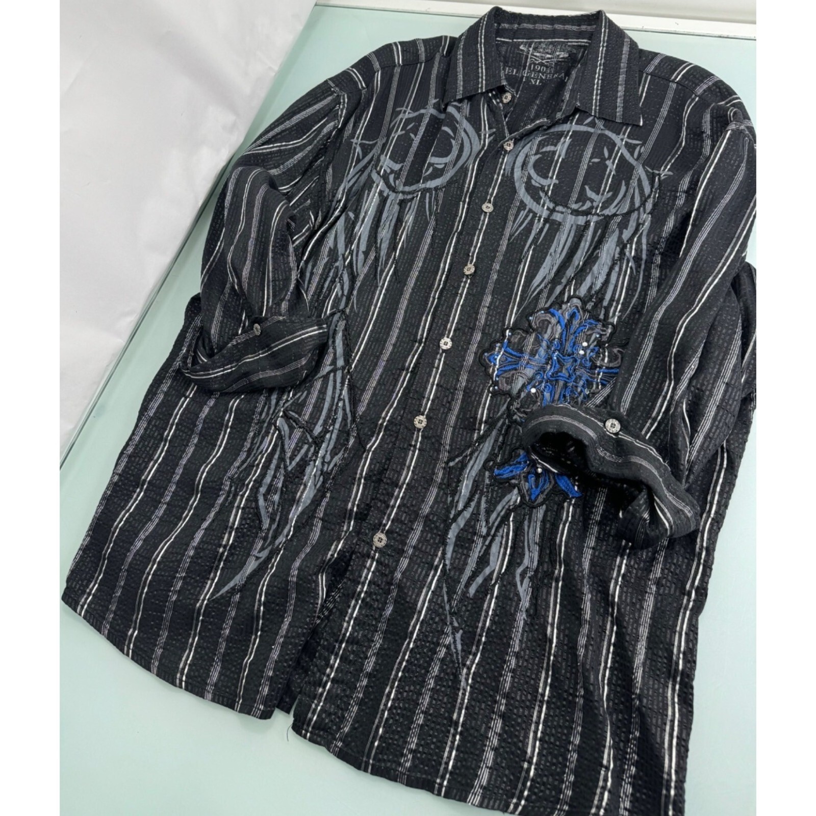VTG Men Shirt Y2K Semi Sheer Metallic Embroidered Cross 3/4 Sleeve Bling Goth XL gallery