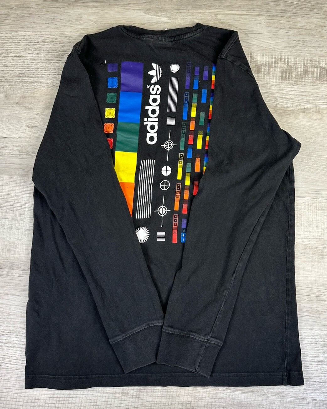 Adidas Long Sleeve Shirt Black Rainbow Graphic Logo Chest 39” Length 27” Mens M gallery